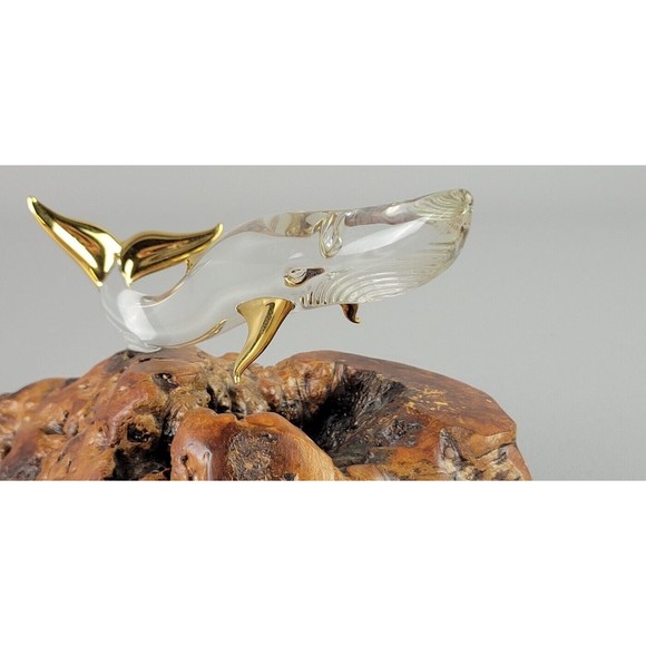 Glass Baron Handcrafted Humpback Whale Wood Mounted Base Gold Trim - Picture 9 of 11